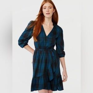 Free Assembly Women's V Neck Ruffle Mini Dress Blue Green Plaid Tartan Size XS